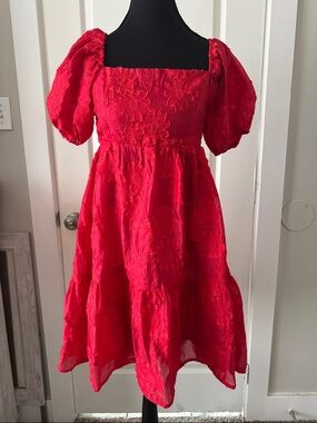 Vici Red Puff-Sleeve Tiered Dress